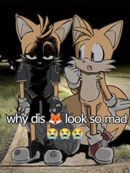 Size: 640x852 | Tagged: safe, artist:nyanman0526, miles "tails" prower, nine, fox, sonic prime, 2024, caption, duo, emoji, meme, photographic background, self paradox, shadowed face, standing, text, why dis x look so mad
