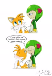 Size: 1411x2048 | Tagged: safe, artist:andtails1, cosmo the seedrian, miles "tails" prower, 2024, blushing, crying, dialogue, duo, english text, frown, i'm not calling you a good boy, meme, shipping, signature, simple background, smile, sonic x style, straight, tailsmo, tears, tears of happiness, text, white background, wholesome