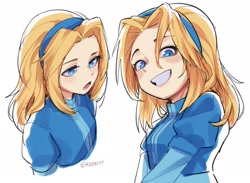 Size: 1194x873 | Tagged: safe, artist:kiioki11, maria robotnik, human, 2024, duality, frown, looking at viewer, signature, simple background, smile, smiling at viewer, solo, white background