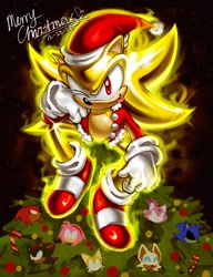 Size: 1569x2048 | Tagged: safe, artist:edlucavalden, amy rose, blaze the cat, knuckles the echidna, metal sonic, miles "tails" prower, rouge the bat, shadow the hedgehog, sonic the hedgehog, super sonic, 2025, alternate outfit, black background, candy cane, christmas, christmas decorations, christmas hat, christmas lights, christmas outfit, christmas tree, clothes, english text, food, glowing, hat, jacket, open jacket, simple background, sitting, smile, solo, super form, text, tongue out, tree, wink