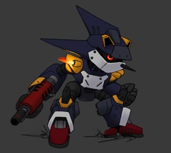 Size: 892x800 | Tagged: safe, artist:detzdraws07, metal sonic, 2025, armor, black sclera, blaster, clenched fist, fire, flame, grey background, looking offscreen, redesign, robot, simple background, solo