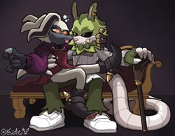 Size: 2048x1596 | Tagged: safe, artist:yesioarts, clutch the opossum, dr. starline, black sclera, clutch x starline, duo, gay, gradient background, holding each other, shipping, signature, sitting, sitting on knee, sitting on them, smile, tongue out