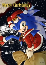 Size: 1453x2048 | Tagged: safe, artist:satosi_peter, sonic the hedgehog, 2025, abstract background, alternate outfit, belt, christmas, christmas hat, christmas outfit, clothes, crown, hat, holding something, looking at viewer, mid-air, mouth open, open smile, sack, smile, smiling at viewer, snow, snowing, solo, text