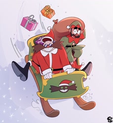 Size: 1877x2048 | Tagged: safe, artist:er1kur, agent stone, robotnik, human, 2025, alternate outfit, christmas, christmas hat, christmas outfit, classic robotnik, clothes, duo, eggman empire logo, eyebrow clipping through clothes, gay, hat, holding something, looking at viewer, mouth open, outdoors, present, robotnik x stone, sack, sitting, sleigh, smile, smiling at viewer, snow, sparkles, style emulation