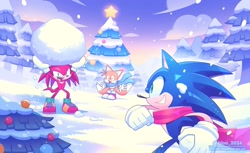 Size: 2048x1255 | Tagged: safe, artist:bloo_2024, knuckles the echidna, miles "tails" prower, sonic the hedgehog, 2025, christmas, christmas outfit, christmas tree, clouds, daytime, group, outdoors, running, scarf, snow, snowball, snowball fight, snowing, standing, team sonic, tree