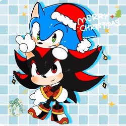 Size: 2048x2048 | Tagged: safe, artist:xuan0086, shadow the hedgehog, sonic the hedgehog, 2025, abstract background, alternate outfit, arms folded, backwards v sign, blushing, christmas, christmas hat, christmas outfit, cute, duo, english text, frown, hat, on head, present, shadowbetes, smile, smiling at viewer, sonabetes, sparkles, standing, standing on one leg, text, v sign
