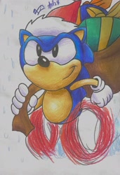 Size: 1688x2471 | Tagged: safe, artist:gruffdasmuff, sonic the hedgehog, 2024, christmas, christmas hat, hat, holding something, looking ahead, present, redraw, running, sack, signature, smile, snow, solo, sonic christmas blast
