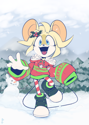 Size: 1500x2100 | Tagged: safe, artist:goatt.s.a, oc, mouse, 2022, abstract background, christmas, christmas outfit, clothes, daytime, eyelashes, gloves, holly, hoodie, mouth open, oc only, open smile, outdoors, oversized, shoes, smile, smiling at viewer, snow, snowing, snowman, solo, standing, standing on one leg, tights, tree