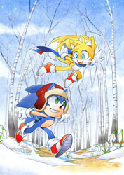 Size: 1024x1449 | Tagged: safe, artist:finikart, miles "tails" prower, sonic the hedgehog, 2019, abstract background, alternate outfit, arms out, clothes, clouds, daytime, duo, flying, hat, looking ahead, looking at them, looking offscreen, mid-air, outdoors, running, scarf, smile, snow, spinning tails, spring, tree, ushanka hat, winter outfit