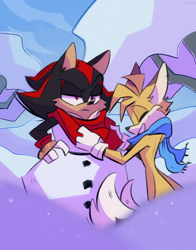 Size: 2598x3307 | Tagged: safe, artist:lanzo000, artist:lanzo123, miles "tails" prower, shadow the hedgehog, 2022, alternate outfit, clothes, daytime, duo, ear fluff, eyes closed, frown, fur markings, lidded eyes, outdoors, scarf, shadow is not amused, smile, snow, snowman, standing, tree, unamused, winter, winter outfit