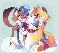Size: 990x900 | Tagged: safe, artist:sony-shock, miles "tails" prower, oc, oc:odd the wolf, fox, wolf, 2019, :3, cute, duo, heterochromia, looking at each other, mouth open, ocbetes, open smile, smile, smiling at each other, snow, snowman, standing, tailabetes, winter