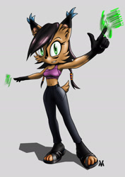 Size: 1497x2117 | Tagged: safe, artist:maxim-bmx, nicole the hololynx, 2024, alternate outfit, arms out, belly button, clothes, crop top, eyelashes, fanfiction art, looking at viewer, midriff, pants, paws, shadow (lighting), signature, simple background, smile, smiling at viewer, solo, standing, white background