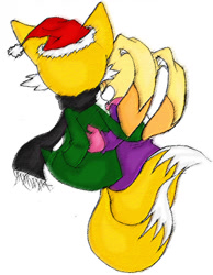 Size: 798x1029 | Tagged: safe, artist:julie-sue, cream the rabbit, miles "tails" prower, 2009, alternate outfit, back view, christmas, christmas hat, christmas outfit, coat, cream x tails, duo, from behind, hat, holding each other, scarf, shipping, simple background, straight, white background