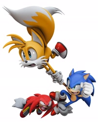 Size: 1652x2048 | Tagged: safe, artist:dokatzo, artist:exg1983, artist:gameguybenn, knuckles the echidna, miles "tails" prower, sonic the hedgehog, 2025, blender (medium), carrying them, flying, holding them, looking ahead, looking at them, looking offscreen, mid-air, mouth open, simple background, smile, spinning tails, team sonic, trio, white background