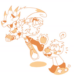 Size: 1667x1754 | Tagged: safe, artist:captainsquiddd, silver the hedgehog, hedgehog, human, 2025, apple, butters stotch, child, crossover, cute, duo, dust clouds, food, fruit, holding something, monochrome, musical note, psychokinesis, silvabetes, simple background, smile, south park, sparkles, walking, white background