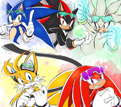 Size: 2048x1807 | Tagged: safe, artist:icyy-stxrlight, knuckles the echidna, miles "tails" prower, shadow the hedgehog, silver the hedgehog, sonic the hedgehog, echidna, fox, hedgehog, sonic riders: zero gravity, 2024, chaos emerald, finger under nose, frown, goggles, goggles on head, group, holding something, psychokinesis, smile, sonic riders, sunglasses