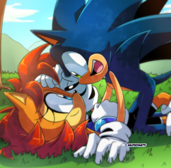 Size: 1180x1156 | Tagged: safe, artist:risziarts, sally acorn, sonic the hedgehog, chipmunk, hedgehog, 2023, duo, looking at each other, lying down, outside, sally x sonic, sally's ringblader outfit, shipping, straight