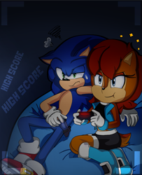 Size: 1021x1259 | Tagged: safe, artist:sallyrose975, sally acorn, sonic the hedgehog, chipmunk, hedgehog, 2025, duo, english text, gaming, gaming controller, sally x sonic, sally's ringblader outfit, shipping, sitting, straight