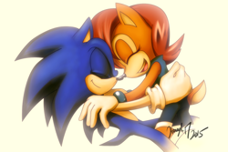 Size: 960x640 | Tagged: safe, artist:honeyl17, sally acorn, sonic the hedgehog, chipmunk, hedgehog, 2015, duo, sally x sonic, sally's ringblader outfit, shipping, simple background, snuggling, straight