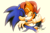 Size: 960x640 | Tagged: safe, artist:honeyl17, sally acorn, sonic the hedgehog, chipmunk, hedgehog, 2015, duo, female, male, sally x sonic, sally's ringblader outfit, shipping, simple background, snuggling, straight