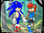 Size: 1600x1200 | Tagged: safe, artist:mel-sky, sally acorn, sonic the hedgehog, chipmunk, hedgehog, 2025, crepuscular rays, duo, forest, holding hands, sally x sonic, sally's ringblader outfit, shipping, straight
