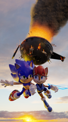 Size: 2160x3840 | Tagged: safe, artist:rotalice2, sally acorn, sonic the hedgehog, chipmunk, hedgehog, 2022, 3d, battle fortress, destroyed vehicle, duo, falling, holding hands, sally x sonic, sally's ringblader outfit, shipping, straight