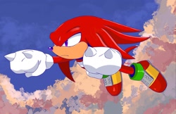 Size: 2048x1327 | Tagged: safe, artist:chaotixcupcak3e, knuckles the echidna, 2025, abstract background, clenched fists, clouds, daytime, frown, gliding, looking ahead, looking offscreen, mid-air, outdoors, solo