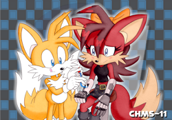 Size: 1920x1335 | Tagged: safe, artist:chms-11, fiona fox, miles "tails" prower, fox, 2022, abstract background, cybernetic, duo, shipping, straight, taiona