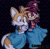 Size: 1920x1895 | Tagged: safe, artist:chms-11, fiona fox, miles "tails" prower, fox, 2022, arm around shoulders, blanket, blushing, checkered background, cybernetic, dark background, drink, duo, female, holding something, hot drink, male, mug, shipping, sitting, smile, straight, taiona