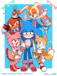 Size: 1536x2048 | Tagged: safe, artist:slow_footed8, amy rose, cheese (chao), cream the rabbit, knuckles the echidna, miles "tails" prower, sonic the hedgehog, chao, 2025, birthday, blue background, border, chili dog, food, group, hand on another's arm, happy birthday, looking at them, neutral chao, simple background, smile, standing