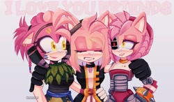 Size: 2679x1566 | Tagged: safe, artist:vanyloveart, amy rose, thorn rose, hedgehog, sonic prime, 2024, arm around shoulders, black rose, cyborg, eyes closed, grey background, looking at them, rusty rose, self paradox, side hug, simple background, smile, standing, trio