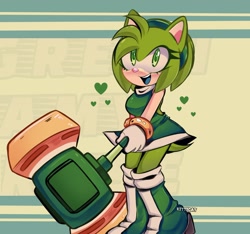 Size: 3144x2939 | Tagged: safe, artist:vanyloveart, amy rose, hedgehog, 2025, blue tongue, color swap, green amy, green eyes, green fur, heart, holding something, looking at viewer, mouth open, open smile, piko piko hammer, pink nose, smile, smiling at viewer, solo, standing