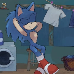Size: 2048x2048 | Tagged: safe, artist:slow_footed8, sonic the hedgehog, tails doll, 2025, basket, eyes closed, hands behind head, indoors, shirt, sitting, solo