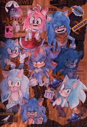 Size: 1404x2048 | Tagged: safe, artist:slow_footed8, amy rose, shadow the hedgehog, sonic the hedgehog, cat, owl, 2025, collage, eyes closed, mouth open, planet, smile, sonic boom (tv), star (symbol), tongue out, trio