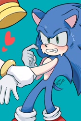 Size: 1378x2039 | Tagged: safe, artist:slow_footed8, amy rose, sonic the hedgehog, 2025, amy x sonic, blue background, blushing, duo, hand on another's arm, piko piko hammer, shipping, simple background, solo focus, standing, straight