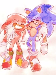 Size: 1536x2048 | Tagged: safe, artist:slow_footed8, knuckles the echidna, sonic the hedgehog, arm around shoulders, duo, eyes closed, simple background, smile, standing, white background
