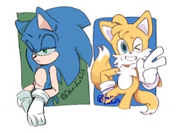 Size: 1024x768 | Tagged: safe, artist:slow_footed8, miles "tails" prower, sonic the hedgehog, 2025, duo, lidded eyes, looking at viewer, simple background, smile, white background, wink