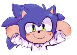 Size: 1080x772 | Tagged: safe, artist:chibi-0004, sonic the hedgehog, alternate outfit, arms behind head, blushing, clothes, shirt, simple background, smile, smiling at viewer, solo, white background