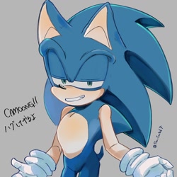 Size: 1280x1280 | Tagged: safe, artist:slow_footed8, sonic the hedgehog, 2025, grey background, japanese text, lidded eyes, looking at viewer, simple background, smile, solo, standing