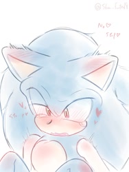 Size: 768x1024 | Tagged: suggestive, artist:slow_footed8, sonic the hedgehog, 2025, blushing, frizzed, heart, simple background, solo, white background