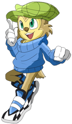 Size: 381x654 | Tagged: safe, artist:cyclone62, rocket the sloth, 2023, cap, green eyes, hat, looking offscreen, oversized, pointing, redesign, shoes, sloth, smile, sneakers, solo, sweater, transparent background