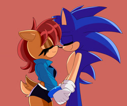 Size: 3094x2598 | Tagged: safe, artist:ducklordo, sally acorn, sonic the hedgehog, chipmunk, hedgehog, 2024, duo, red background, sally x sonic, sally's ringblader outfit, shipping, simple background, snuggling, straight