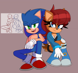 Size: 2924x2752 | Tagged: safe, artist:ducklordo, sally acorn, sonic the hedgehog, chipmunk, hedgehog, 2024, duo, grey background, pose, redraw, sally x sonic, sally's ringblader outfit, shipping, simple background, straight