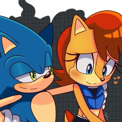 Size: 2000x2000 | Tagged: safe, artist:sonikku1999, sally acorn, sonic the hedgehog, chipmunk, hedgehog, 2024, abstract background, duo, heart, redraw, sally x sonic, sally's ringblader outfit, shipping, straight