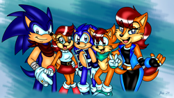 Size: 1920x1080 | Tagged: safe, artist:jayfoxfire, manik acorn, sally acorn, sonia acorn, sonic the hedgehog, oc, chipmunk, hedgehog, 2024, abstract background, child, family, father and child, father and daughter, father and son, group, mother and child, mother and daughter, mother and son, sally x sonic, scarf, shipping, sonic boom (tv), straight, unnamed oc, vest