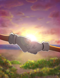 Size: 3165x4096 | Tagged: safe, artist:_nav_o, artist:justnav04, miles "tails" prower, sonic the hedgehog, 2023, abstract background, clouds, duo, fistbump, outdoors, sunset