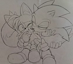 Size: 600x530 | Tagged: safe, artist:funkiepoop, miles "tails" prower, sonic the hedgehog, 2025, gay, holding tail, hugging, hugging from behind, kiss, kissing arm, lidded eyes, line art, looking at each other, monochrome, one eye closed, shipping, sitting, smile, solo, sonic x tails, traditional media