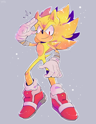 Size: 3500x4500 | Tagged: safe, artist:yu33_pm, sonic the hedgehog, super sonic, hedgehog, 2022, alternate outfit, bandage, ear fluff, gloves, grey background, outline, salute, shoes, simple background, smile, smiling at viewer, solo, sparkles, super form