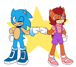 Size: 1280x1127 | Tagged: safe, artist:g-silverscythe, manik acorn, sonia acorn, chipmunk, hedgehog, 2020, brother and sister, child, duo, fistbump, parent:sally, parent:sonic, siblings, star (symbol)
