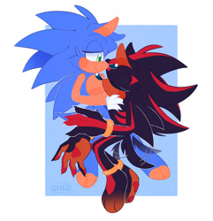 Size: 2048x2126 | Tagged: safe, artist:justashedd, shadow the hedgehog, sonic the hedgehog, hedgehog, 2025, barefoot, claws, cute, duo, eyelashes, eyes closed, gay, gloves off, hugging, pawpads, paws, shadow x sonic, shadowbetes, shipping, smile, sonabetes, wagging tail